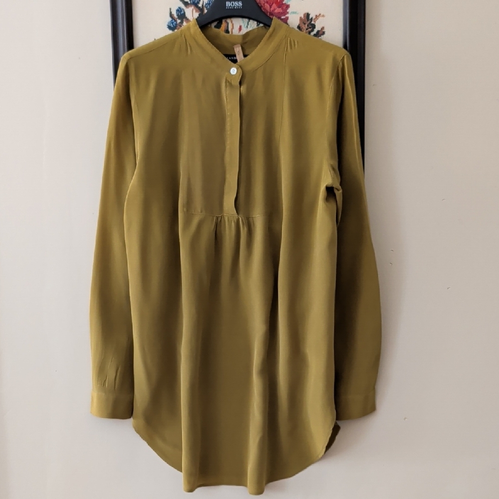 Land's End Elegant Olive Green Long Sleeve Silk Tunic Blouse
